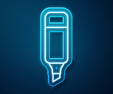 Parlayan neon çizgisi kalem simgesi mavi arkaplanda izole edildi. Vektör İllüstrasyonu.