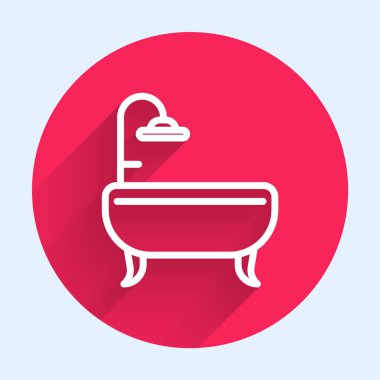 Küvet ikonu uzun gölgeli beyaz çizgi. Kırmızı daire düğmesi. Vektör İllüstrasyonu.