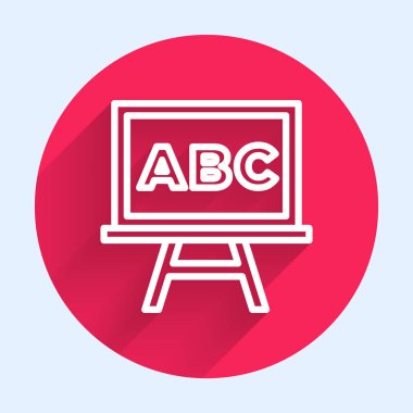 Beyaz çizgi kireçtaşı simgesi uzun gölgeli izole edildi. Okul karatahtası. Kırmızı daire düğmesi. Vektör.