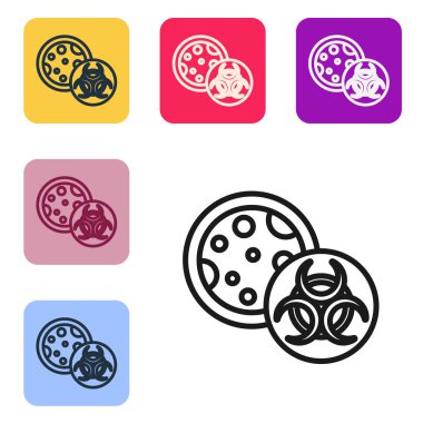 Siyah çizgi GDO simgesi beyaz arkaplanda izole edildi. Genetik olarak değiştirilmiş organizma kısaltması. DNA gıda modifikasyonu. Renkli kare düğmelerle simgeleri ayarla. Vektör.