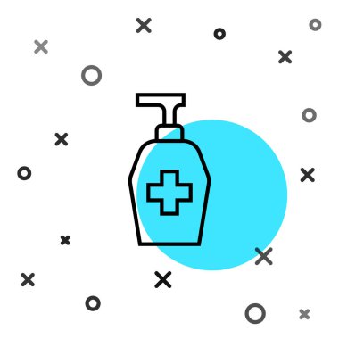 Siyah çizgi, beyaz arka planda izole edilmiş sıvı antibakteriyel sabun. Antiseptik. Dezenfeksiyon, hijyen, cilt bakımı. Rastgele dinamik şekiller. Vektör.