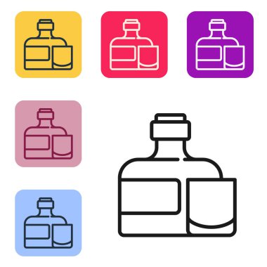 Siyah çizgili viski şişesi ve beyaz arka planda izole edilmiş cam ikon. Renkli kare düğmelerle simgeleri ayarla. Vektör.