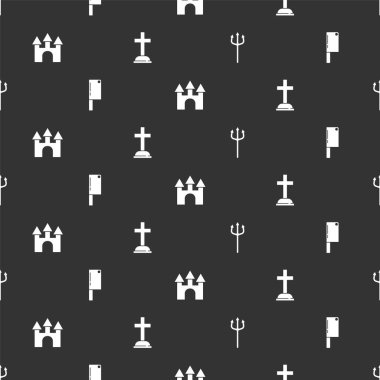 Neptün Mızrağı, Et Helikopteri, Castle ve Tombstone 'u kusursuz desenli haç ile ayarlayın. Vektör.