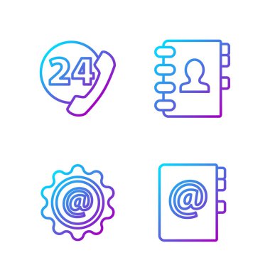 Satır defteri, posta ve e-posta, telefon desteği ve adres defteri. Renk simgeleri. Vektör.