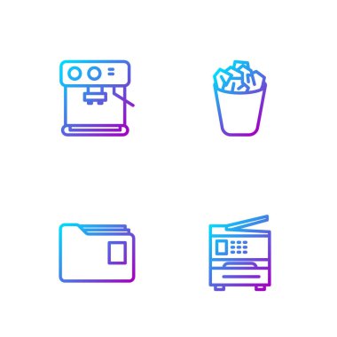 Satır yazıcısını, belge klasörünü, kahve makinesini ve çöp kutusunu ayarla. Renk simgeleri. Vektör.
