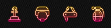 Sıralı İsviçre çakısı, asker mezarı, askeri miğfer ve el bombası. Parlayan neon ikonu. Vektör.