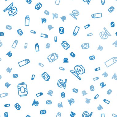 Soda kutusu, biftek eti ve bıçak ve dikişsiz desenli çakmak. Vektör.