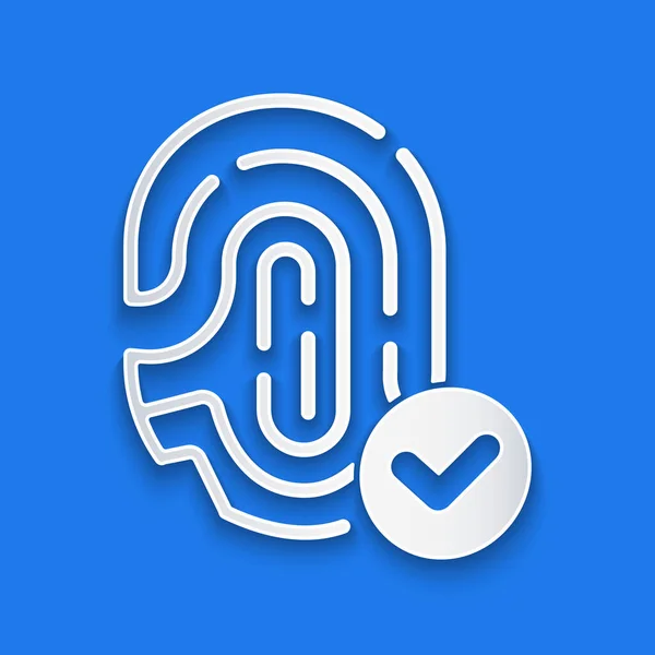 チェックマークのアイコンが青の背景に隔離された紙カット指紋 Idアプリのアイコン 身分証明書 タッチId 紙のアートスタイル ベクトル — ストックベクタ