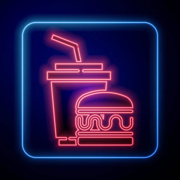Leuchtendes Neon Papier Glas Mit Trinkhalm Und Burger Ikone Auf — Stockvektor