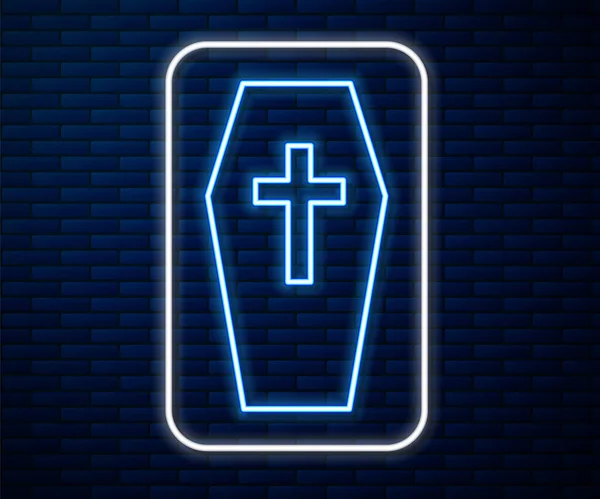 Glowing Neon Line Coffin Christian Cross Icon Isolated Brick Wall - Stok Vektor