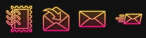 Set Line Envelope Postal Stamp Envelope Express Envelope Glowing Neon — Stock Vector