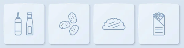 设置线酱汁瓶 塔科与玉米片 鸡块和多纳烤面包 白色正方形按钮 — 图库矢量图片