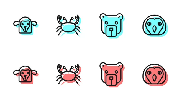 Set Line Bear Head Sheep Crab Owl Bird Icon Vector — Stock Vector