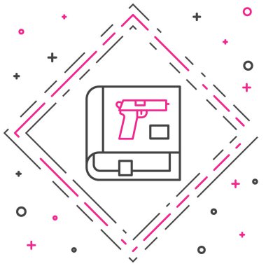 Beyaz zemin üzerinde silah ikonu olan çizgi kitabı. Polis ya da askeri silah. Küçük ateşli silah. Silah kataloğu. Renkli taslak konsepti. Vektör.