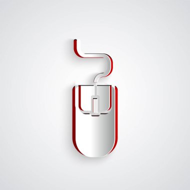 Kağıt kesiği Bilgisayar faresi simgesi gri arkaplanda izole edildi. Tekerlek sembollü optik. Kağıt sanatı tarzı. Vektör İllüstrasyonu.