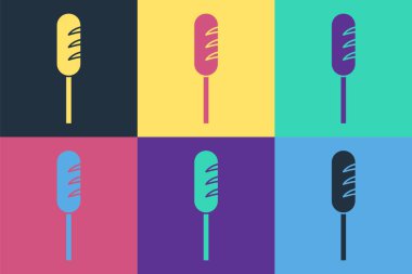 Pop Art Fried Sausage ikonu renkli arka planda izole edilmiş. Izgara sosis ve aroma işareti. Vektör İllüstrasyonu.