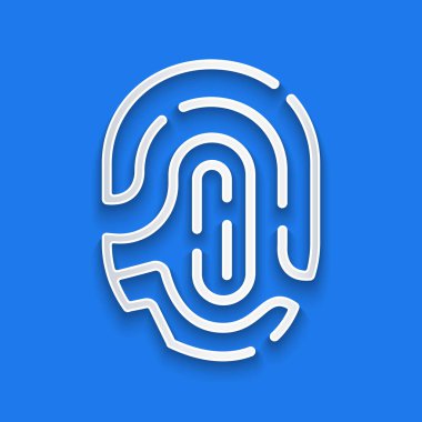 Kağıt kesiği Parmak izi simgesi mavi arkaplanda izole edildi. Kimlik uygulaması simgesi. Kimlik işareti. Kimliğe dokun. Kağıt sanatı tarzı. Vektör.