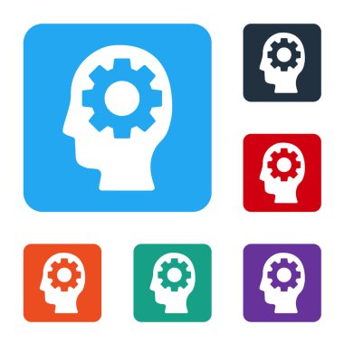Beyaz insan kafası, beyaz arka planda izole edilmiş bir ikon içerisindeki dişli. Yapay zeka. Düşünen beyin. Beynin sembol çalışması. Renkli kare düğmelerle simgeleri ayarla. Vektör.