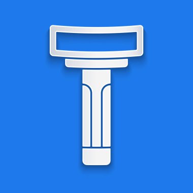 Kağıt kesiği traş makinesi simgesi mavi arkaplanda izole edilmiş. Kağıt sanatı tarzı. Vektör.