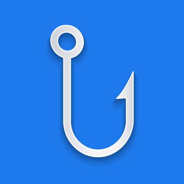 Kağıt kesiği Balık oltası simgesi mavi arkaplanda izole edildi. Balık oltası. Kağıt sanatı tarzı. Vektör.