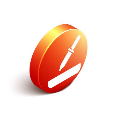 Isometric Pipette simgesi beyaz arkaplanda izole edildi. Tıbbi, kozmetik, kimya laboratuvarı ekipmanları. Turuncu daire düğmesi. Vektör.