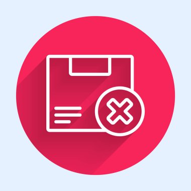 Beyaz çizgi karton kutu ve uzun gölgeyle izole edilmiş simgeyi sil. Kutu, paket, paket işareti. Teslimat ve ambalaj. Kırmızı daire düğmesi. Vektör İllüstrasyonu.