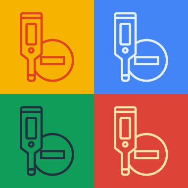 Tıbbi muayene ikonu için görsel sanat hattı dijital termometresi renk arkaplanında izole edilmiş. Vektör.