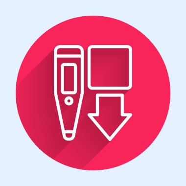 Tıbbi muayene ikonu için beyaz çizgi dijital termometre uzun gölgeli izole edilmiş. Kırmızı daire düğmesi. Vektör.