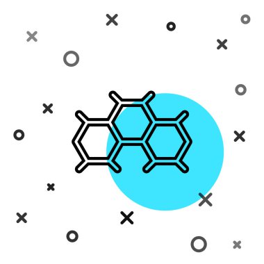 Siyah çizgi kimyasal formül simgesi beyaz arkaplanda izole edildi. Yenilikçi tıp, sağlık, araştırma ve bilim için soyut altıgen. Rastgele dinamik şekiller. Vektör.