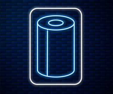 Parlayan neon hattı kağıt havlu rulo ikonu tuğla duvar arka planında izole edildi. Vektör.