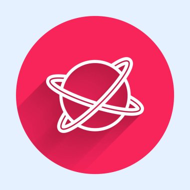 Dünya 'nın yörüngesinde uzun gölgeli beyaz çizgi yapay uyduları var. İletişim, navigasyon konsepti. Kırmızı daire düğmesi. Vektör.