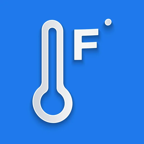 紙カット青い背景に隔離された熱と冷たいアイコンを測定する気象温度計 華氏の温度 紙のアートスタイル ベクトル — ストックベクタ