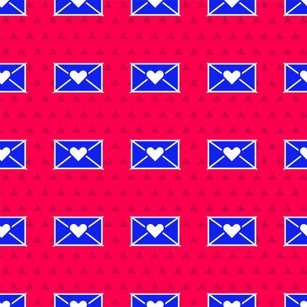 Blue Envelope with Valentine heart icon isolated seamless pattern on red background. Message love. Letter love and romance.  Vector.