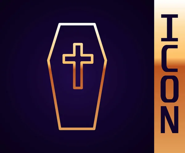 Gouden Lijn Coffin Met Christelijk Kruis Pictogram Geïsoleerd Zwarte Achtergrond — Stockvector
