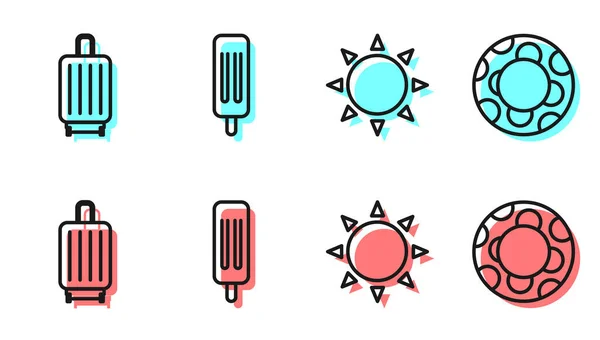 Set Line Sun Suitcase Ice Cream Rubber Swimming Ring Icon — Stock Vector