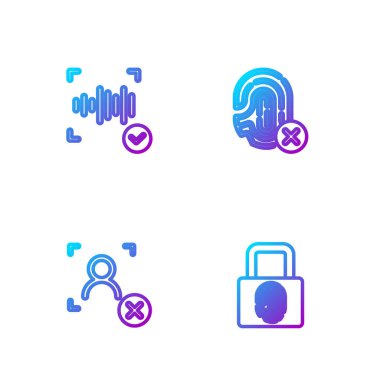 Parmak izini kilit, yüz tanıma, ses ve parmak izi ile ayarla. Renk simgeleri. Vektör.