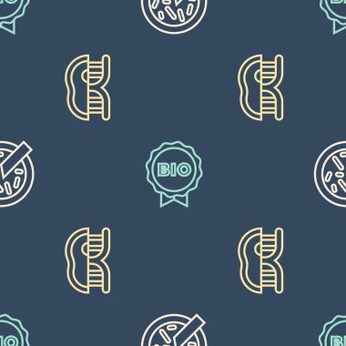 Petri kabını bakterilerle doldurun. Genetik olarak modifiye edilmiş et ve etiketi dikişsiz kalıplı biyolojik sağlıklı yiyecekler için hazırlayın. Vektör.