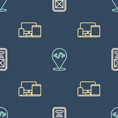 Çizgi UI ya da UX tasarımı, Monitör, mobil, tablet ve ön uç geliştirmesini pürüzsüz desen üzerine ayarla. Vektör.