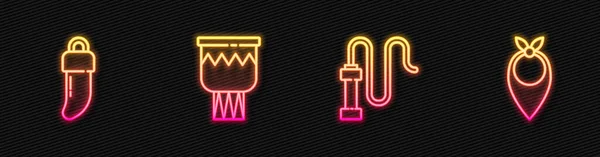Set Line Leather Whip Tooth Drum Cowboy Bandana Zářící Neonová — Stockový vektor