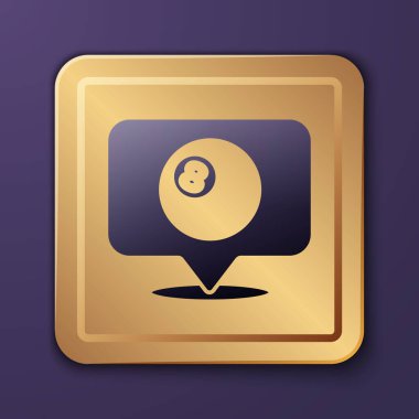 Mor arkaplanda 8 numaralı sembol bulunan bilardo bilardo topu ile mor harita işaretleyicisi. Altın kare düğme. Vektör.