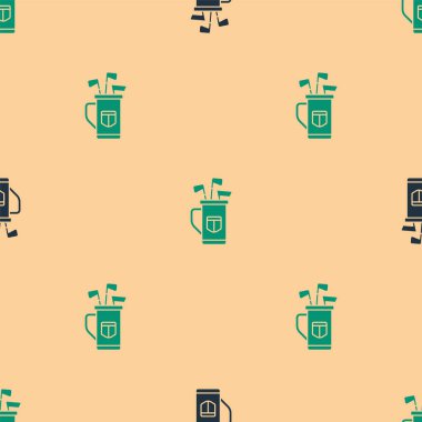 Yeşil ve siyah golf çantalı, golf sopası simgesi, bej arka planda izole edilmiş, pürüzsüz desen. Vektör.