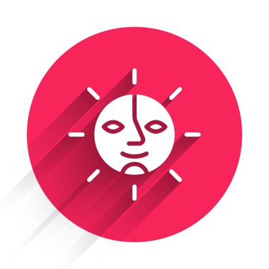 Beyaz Güneş simgesi uzun gölgeli. Kırmızı daire düğmesi. Vektör.