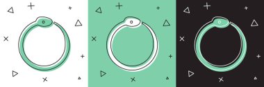 Ouroboros simgesinin sihirli sembolünü beyaz ve yeşil, siyah arkaplanda izole et. Yılan kendi kuyruğunu ısırıyor. Hayvan ve sonsuzluk, mitoloji ve yılan. Vektör.