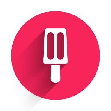 Uzun gölgeli çubuk ikonunda beyaz dondurma. Güzel sembol. Kırmızı daire düğmesi. Vektör.