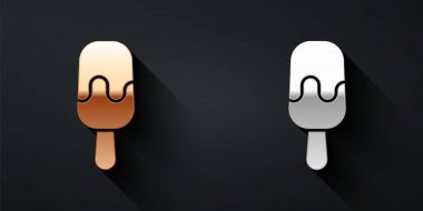 Siyah arka planda izole edilmiş çubuk ikonlu altın ve gümüş dondurma. Güzel sembol. Uzun gölge tarzı. Vektör.