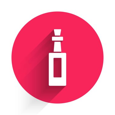 Uzun gölgeli beyaz zeytinyağı ikonu. Zeytinyağı ikonlu sürahi. Kırmızı daire düğmesi. Vektör.