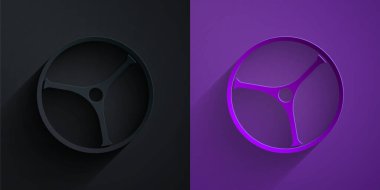 Kağıt kesiği bisiklet tekeri simgesi mor arka planda siyah üzerine izole edilmiş. Bisiklet yarışı. Olağanüstü bir spor. Spor malzemeleri. Kağıt sanatı tarzı. Vektör.