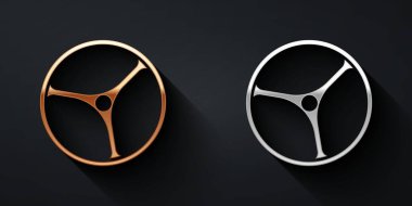 Siyah arka planda altın ve gümüş bisiklet tekerleği ikonu var. Bisiklet yarışı. Olağanüstü bir spor. Spor malzemeleri. Uzun gölge tarzı. Vektör.