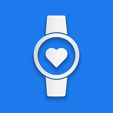 Kağıt kesiği. Mavi arka planda kalp atış hızı simgesini gösteren akıllı saat. Fitness uygulaması konsepti. Kağıt sanatı tarzı. Vektör.