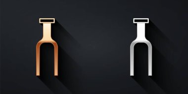 Siyah arkaplanda altın ve gümüş bisiklet süspansiyon çatalı ikonu var. Spor ulaşımı yedek parça direksiyon. Uzun gölge tarzı. Vektör.